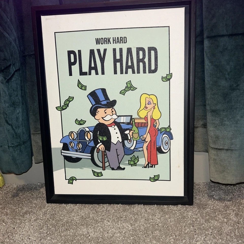 Framed Monopoly Work Hard Play Hard Canvas Print Wall Art - Image 1 of 4
