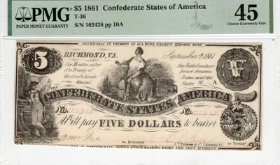 T-36 PF-4 1861 $5 Confederate Paper Money - PMG Choice Extremely Fine 45 bright! - Image 1 of 2