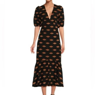 $545 NWT Rhode Ester V-Neck Puff Sleeve Dress in Ikat Clip Jacquard Sz 6 - Image 1 of 4
