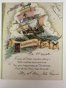 Vintage Colorful Art Deco Christmas Card - Multiple Mast Ship At Sea - Picture 1 of 2
