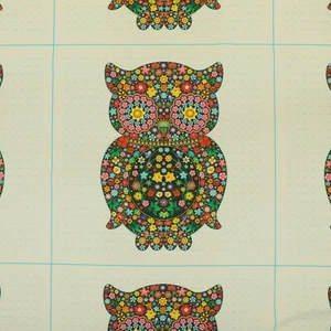 Fire Treated White Velour Velvet Texture Upholstery Fabrics Colourful Owl Animal - Picture 1 of 5