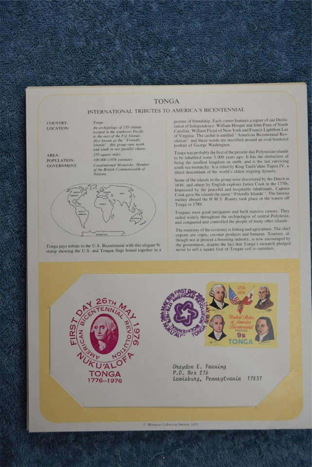 1975 Tributes to America's Bicentennial Souvenir Card - Tonga - Image 1 of 1