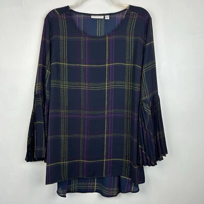 Blusa Susan Graver Mujer L 12 Top Boho Campana Azul Marino Túnica a Cuadros Carrera Oficina Foto 1 de 4