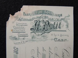 Facture / mandat Bonneterie A. Petit Caen Calvados Corsets Fourrures 1913 - Picture 1 of 2