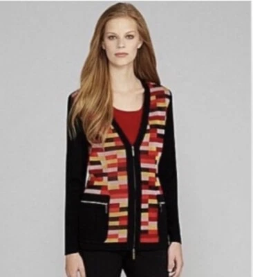 EXCLUSIVELY MISOOK Knit Cardigan Jacket Metallic Mosaic Zip Front Pockets XL - Image 1 of 4