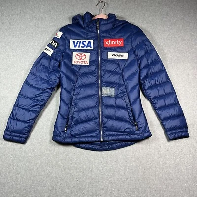 Spyder Goose Down Hooded Puffy Jacket Women's Size Small US Ski Team Blue Hooded - Image 1 of 4