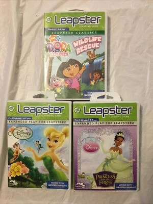 Leap Frog Leapster Lot Of Three Games Dora The Explorer Tinkerbell Tiana Tested - Image 1 of 4