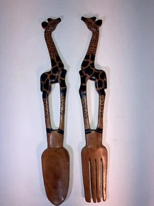 GIRAFFE Salad Spoon and Fork Set Hand Carved Wood African Safari Wooden 14” Boho - Picture 1 of 2