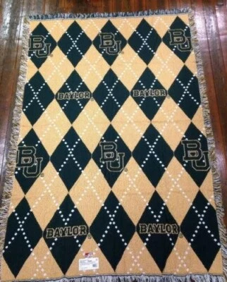BAYLOR UNIVERSITY BEAR ARGYLE PLAID LOGO COTTON WOVEN STADIUM THROW BLANKET NOS - Image 1 of 4