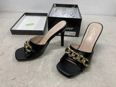 Forever Shoes Black Stiletto Heels Sexy Gold Strap Back Size 8 - Image 1 of 4