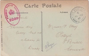 Primera Guerra Mundial St Austell Cornwall Soldiers 1917 postal censurada APO S.1 Abbeville Francia - Imagen 1 de 3