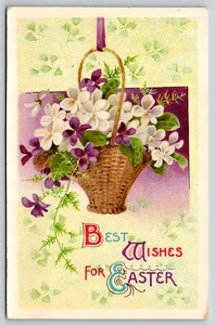 Postkarte Beste Wünsche für Ostergrüße lila und weiß Blumenkorb - Bild 1 von 2