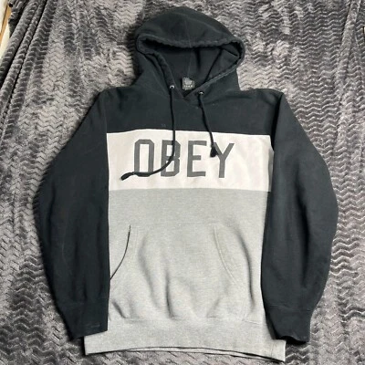 Sudadera pulóver gris con capucha con logotipo Obey OG para hombre talla pequeña negra blanca Stipe Foto 1 de 4