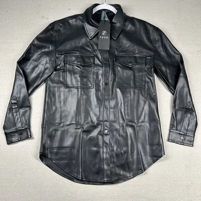 Camisa de cuero sintético Spym para mujer 8 Snap Shacket Forro suave Vegano Negro Foto 1 de 4