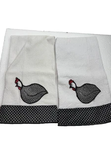 Vintage Whimsy Spanish Linen Tea Kitchen Hand Towel polkadot trim w/ guinea hens - Picture 1 of 2