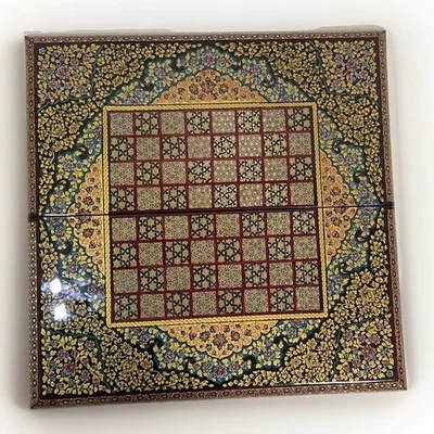Handmade Khatam Backgammon & Chess Set Inlaid Folding Wooden Board w/ Case - Image 1 of 4