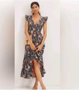 ANTHROPOLOGIE The Peregrine Midi Dress XL Floral Flutter Sleeve Boho Bohemian - Picture 1 of 14