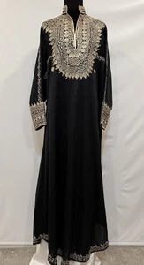Vintage Womens Moroccan Kaftan Maxi Dress Black Embroidered Trim O/S Fits Most - Picture 1 of 19