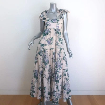 Zimmermann Cassia Tie-Strap Maxi Dress Light Pink Floral Print Cotton Size 1 - Image 1 of 4