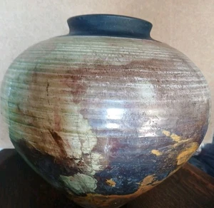 Vintage Abstract Expressionist Glazed Raku Fired Ceramic Vessel, Signed - Picture 1 of 17