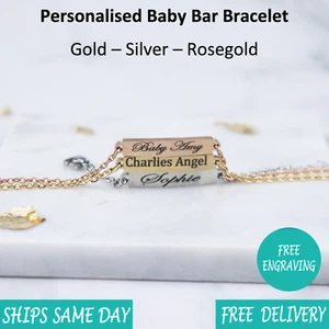 Personalised Engraved Custom Baby Bar Bracelet - Gold Silver Rose Gold-Christmas - Picture 1 of 9