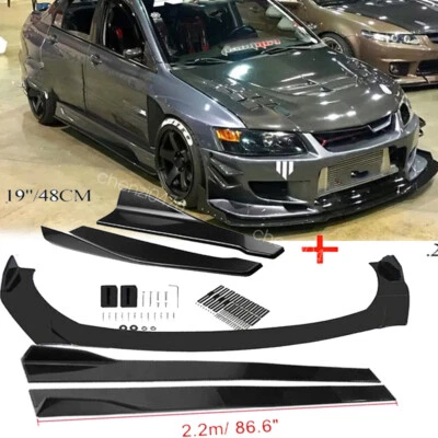 For Mitsubishi Lancer Gloss Black Front Bumper Lip Spoiler Splitter +Side Skirts Foto 1 de 4