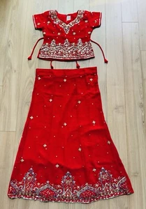 Embellished Red Indian Skirt and Top Sari Set Wedding Dance Girl Size 28 - Picture 1 of 15