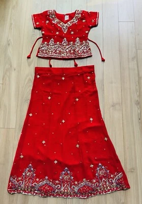 Embellished Red Indian Skirt and Top Sari Set Wedding Dance Girl Size 28 - Image 1 of 4
