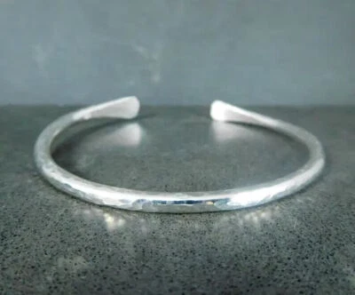 Solid Sterling Silver Cuff Bracelet Hammered Adjustable Bangle 925 Simple Silver - Image 1 of 4