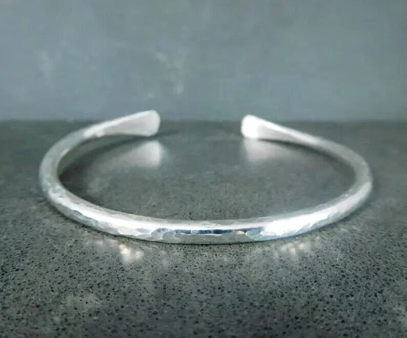Solid Sterling Silver Cuff Bracelet Hammered Adjustable Bangle 925 Simple Silver - Image 1 of 4