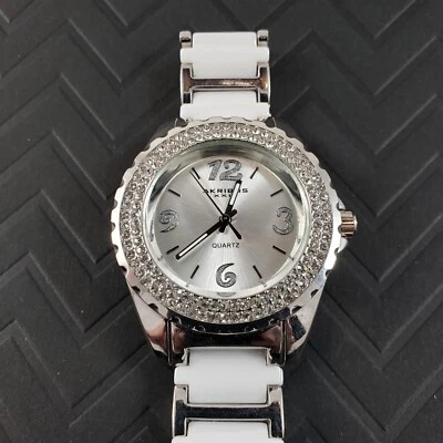 Akribos XXIV Women’s Silver Quartz Watch Crystal Bezel White Ceramic NEW BATTERY - Image 1 of 4