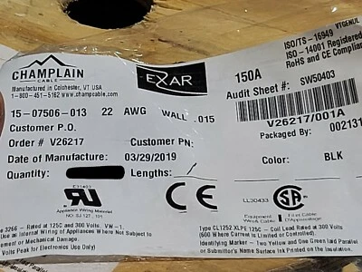 Champlain Cable Exar 150A #22awg Tinned Cu Hook Up Wire UL-3266 XLPE Black/100ft - Imagem 1 de 4