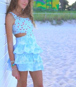 THEME by Ariella Girls Size 14 One-Piece Swimsuit Cut Out Shoulder Blue Floral L - Picture 1 of 6