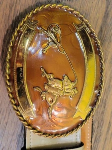 German Silver Gold Tone Cowboy Calf Roping, Rodeo Belt Buckle Tony Lama Belt - Picture 1 of 21