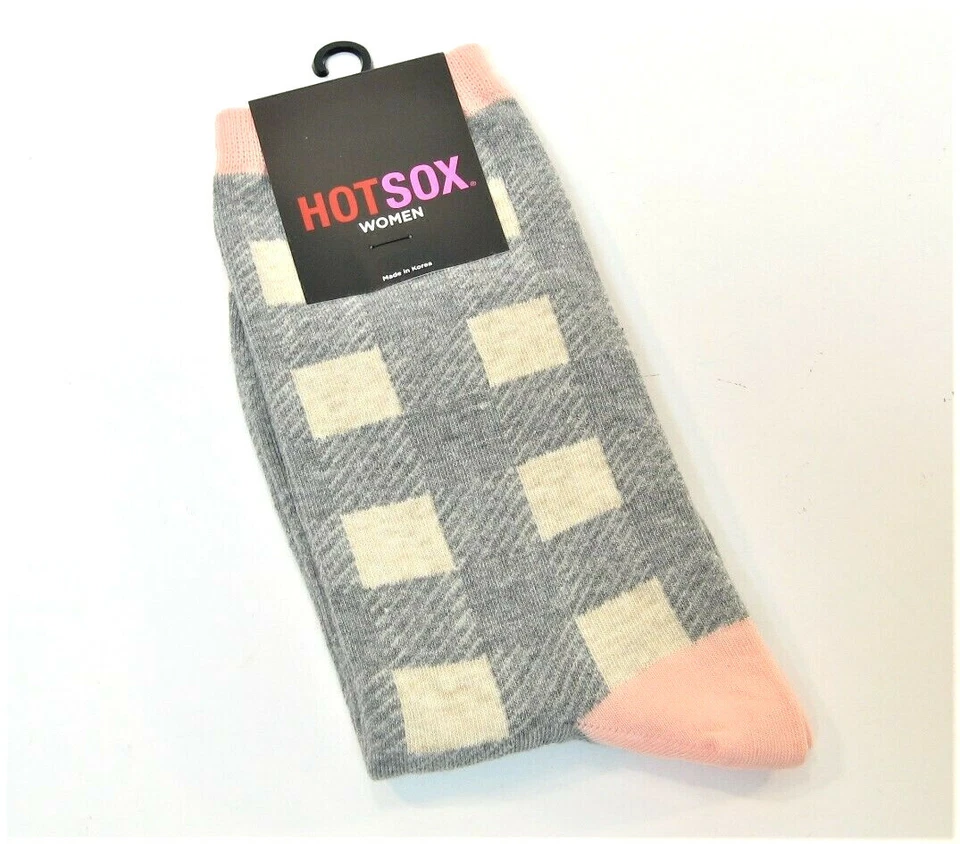 Hot Sox Ladies Cotton Blend Socks Buffalo Check Grey Oatmeal Peach - NEW - Image 1 of 1