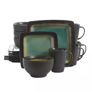 16-Piece Square Stoneware Dinnerware Set Turquoise Plates Bowls Mugs Dishes New - Picture 1 of 10