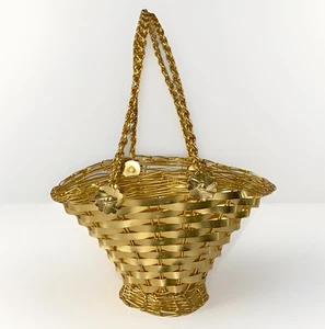Piccolo cesto decorativo vintage in metallo con filo intrecciato con doppi manici alto 8,5" - Foto 1 di 9