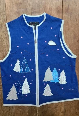 Hampshire Studio Snow Christmas Sweater Vest Blue Beaded Trees Full Zip 1X - Image 1 of 4