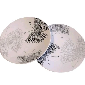Roscher BUTTERFLY LACE 8" Salat Mittagessen Teller weiß schwarz grau 2 Teller Steinzeug  - Bild 1 von 8