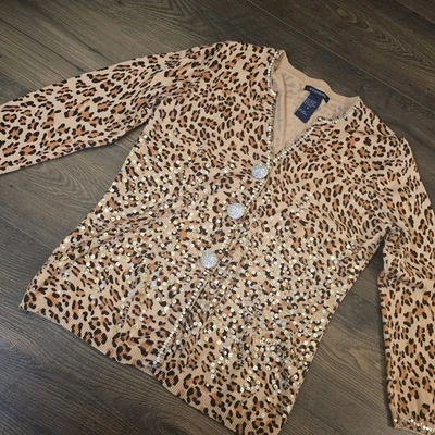 Boston Proper Leopard Sequin Cardigan S Animal Print Button Up Long Sleeve  - Image 1 of 4