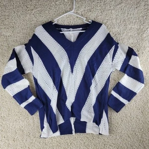Chic Blue White Striped V Neck Cropped Knit Sweater Top Women's Size S - Picture 1 of 13
