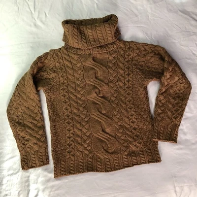 INIS Crafts Women's Size S Brown Merino Wool Irish Cable Knit Turtleneck Sweater - Image 1 of 4