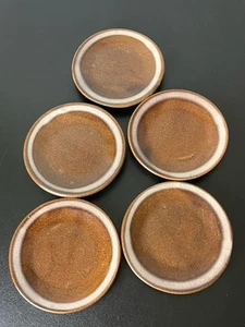 Vintage Red Clay Glazed Pottery Coasters 5 Pc Bar Ware Set Service Brown Slip - Picture 1 of 5