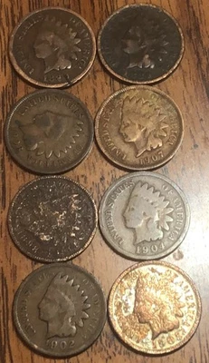 Indian Head Cents, 1890,1889,1908,07,02,05,04,1898, (8)These Actual Penny’s C203 - Image 1 of 2