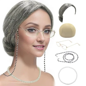 Old Lady Costume Set Grandma Granny Cap Madea Granny Glasses Eyeglass Chains ... - Picture 1 of 7