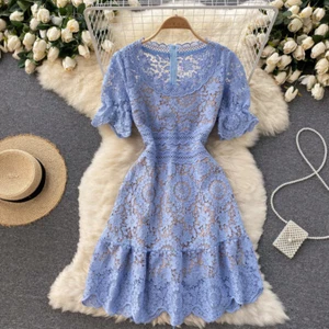 Femmes Dentelle Ruffles Robe Creusé Midi Manche Courte Floral Jupe Trapèze Col - Picture 1 of 14