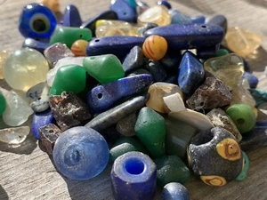 Bag Of BLUE and GREEN Glass And Stone Beads - Picture 1 of 6