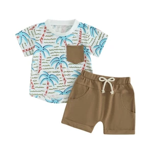 Toddler Boys Short Sleeve Botanical Prints Pullover Tops Shorts Kids Outfits - Picture 1 of 28