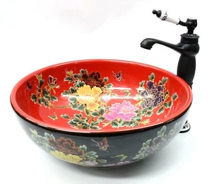 Tazón de lavado vintage negro rojo floral para baño encimera lavabo lavabo - Imagen 1 de 33