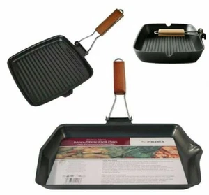 24CM - 34CM NON STICK GRIDDLE GRILL STEAK PAN FOLDING HANDLE CAST ALUMINIUM NEW - Picture 1 of 4